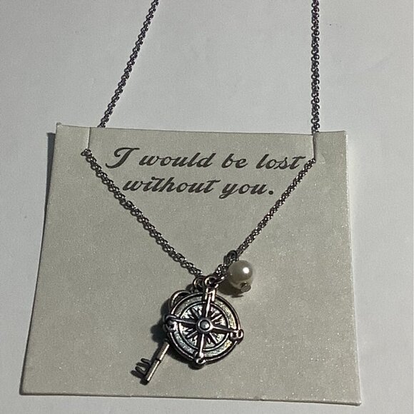Compass Necklace With Key & Pearl Charms Sentimental Message Sliver Tone Womens - Picture 5 of 7